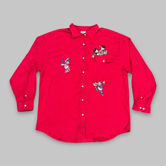 Disney Other - Vintage Disney Red Button-Up Shirt Mickey Minnie Donald Daisy Embroidered XL